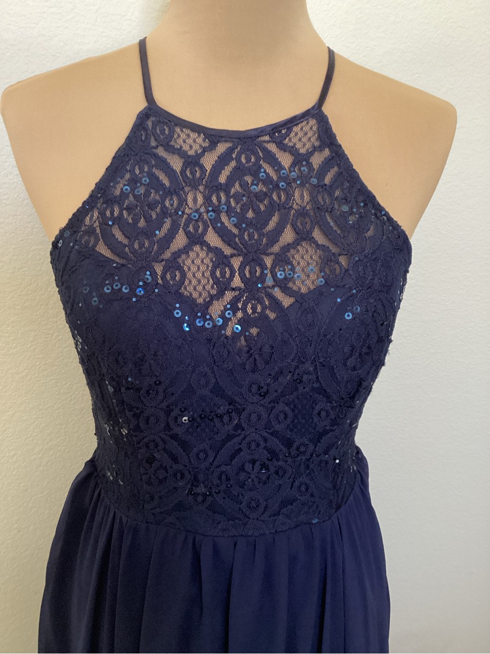 B Darlin Navy Blue Asymmetrical Lace Halter Dress